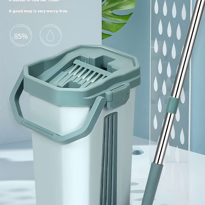 Stainless Steel Flat Mop Set with Bucket, Hands-Free Wringer, Microfiber Pads