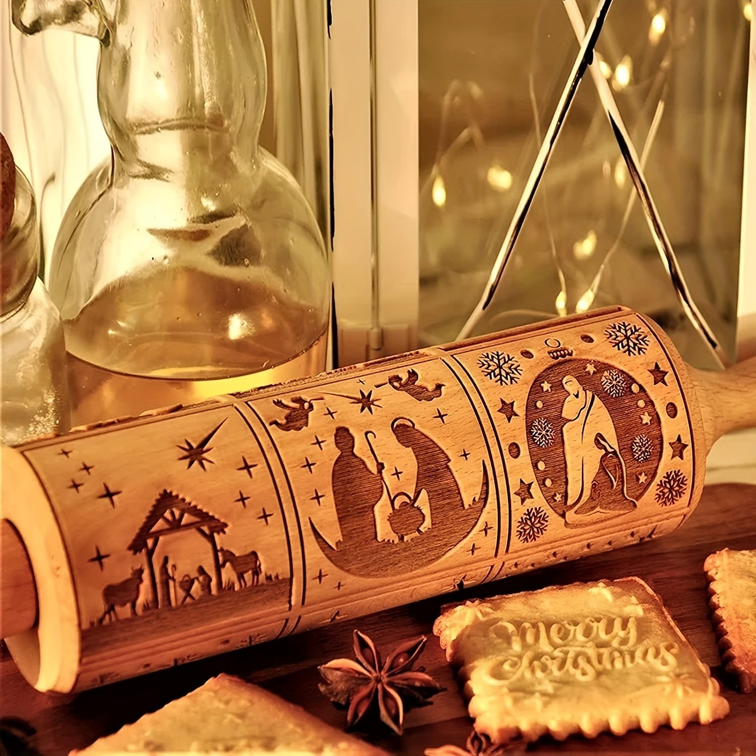 Wooden Embossing Rolling Pin for Christmas Cookies and Holiday Baking