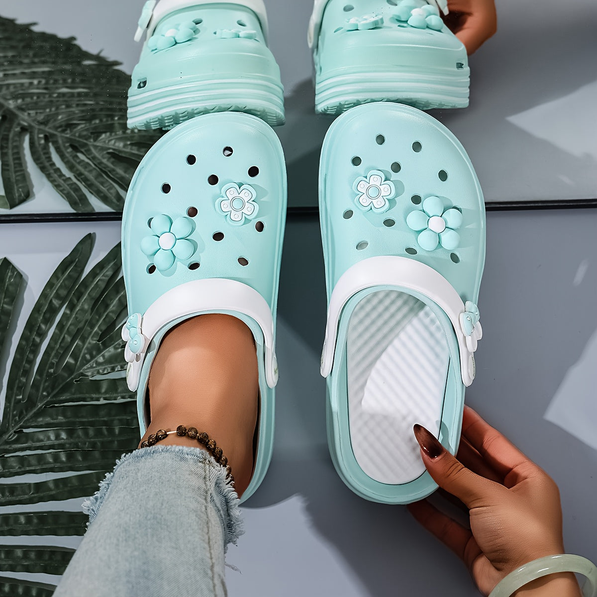 Women's Light Blue Floral Clogs with Thick Platform Breathable EVA