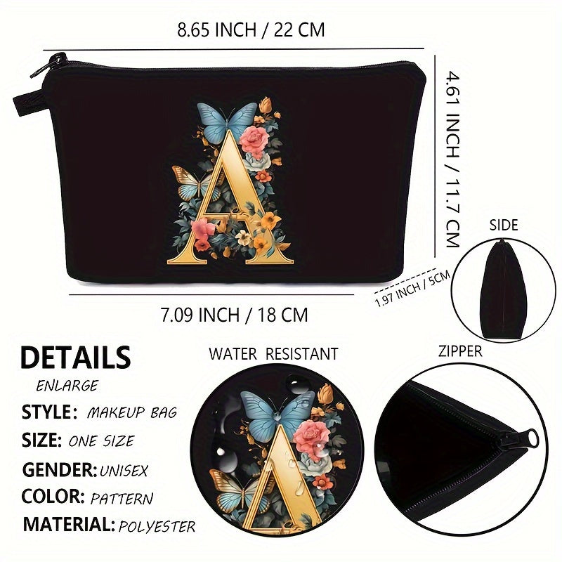 Bolsa de maquillaje negra para mujer con patrón de mariposas y flores para organizar los esenciales de belleza