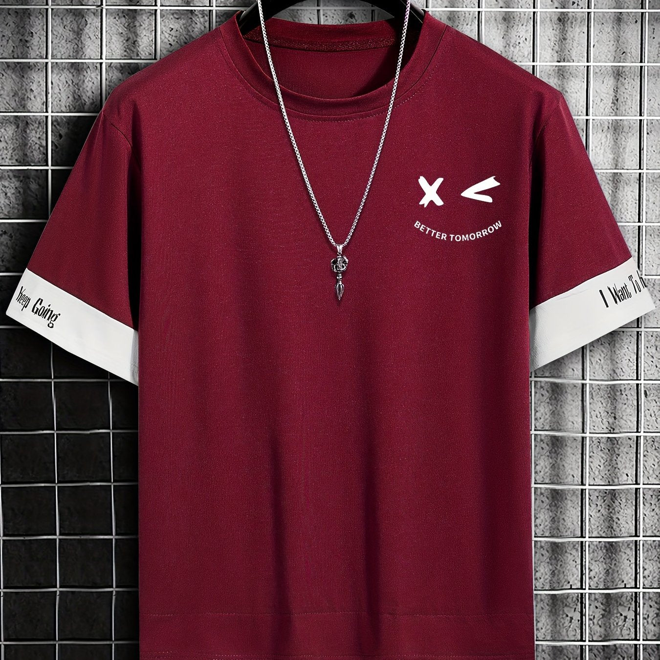 Men's Color-Blocked Short Sleeve T-Shirt with Letter Print Faux Two-Piece Summer Casual