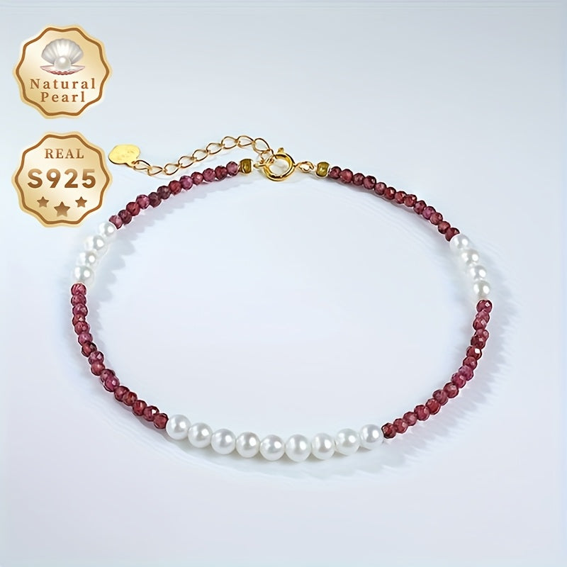 Women's Freshwater Pearl and Garnet Beaded Necklace with Silver Clasp