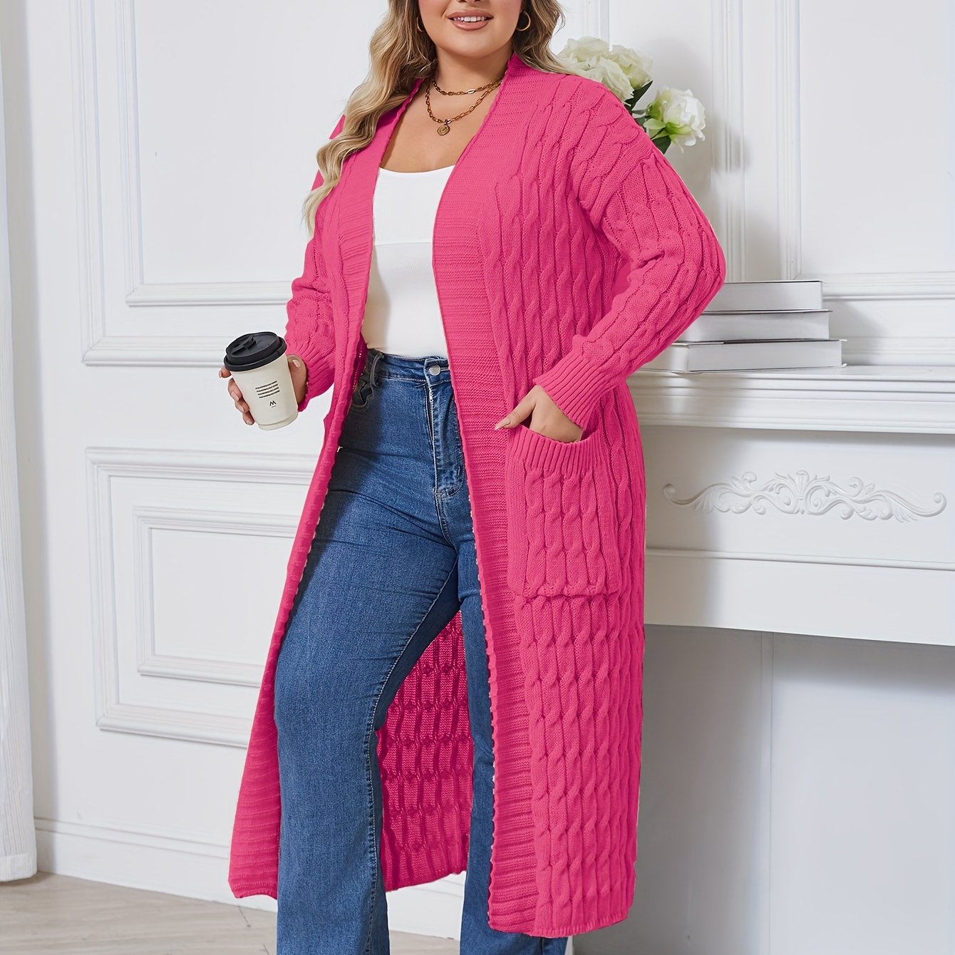 Plus Size Open Front Cardigan with Pockets Long Sleeves Women's Casual Winter Knit Polyester