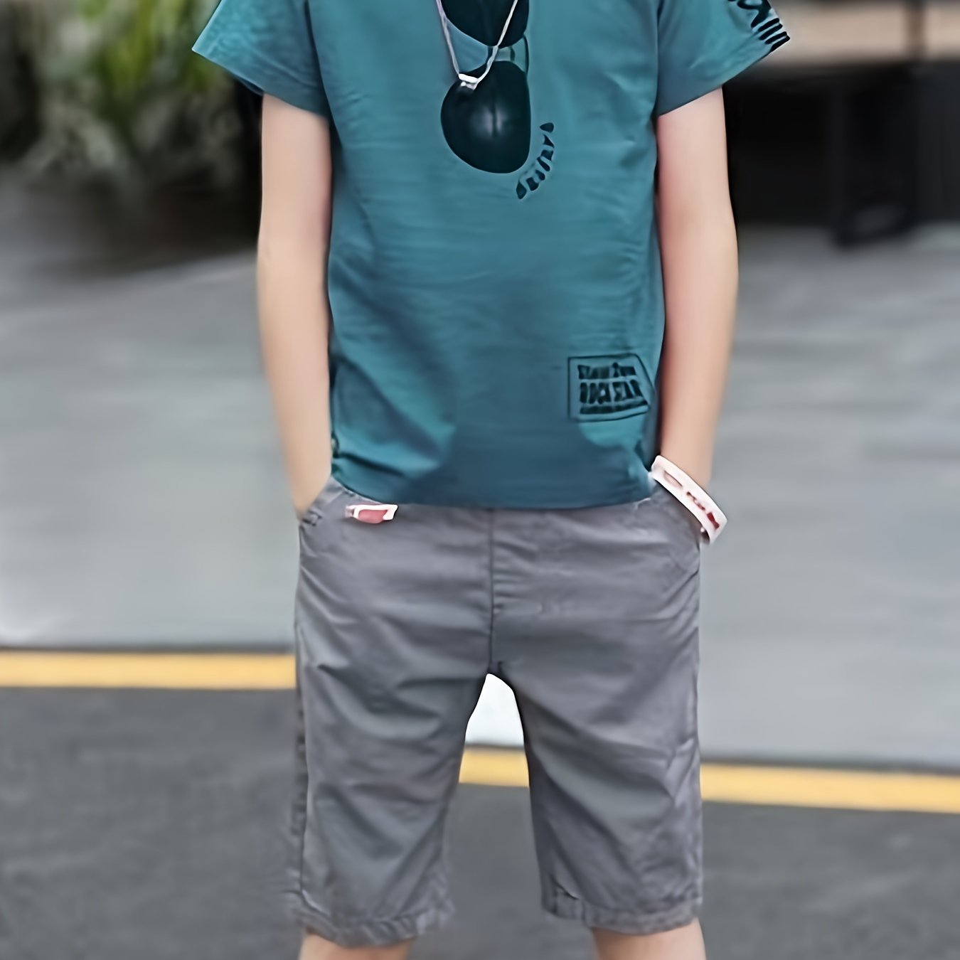 Boys' Summer Two-Piece Set T-Shirt and Shorts with Glasses Print for Kids