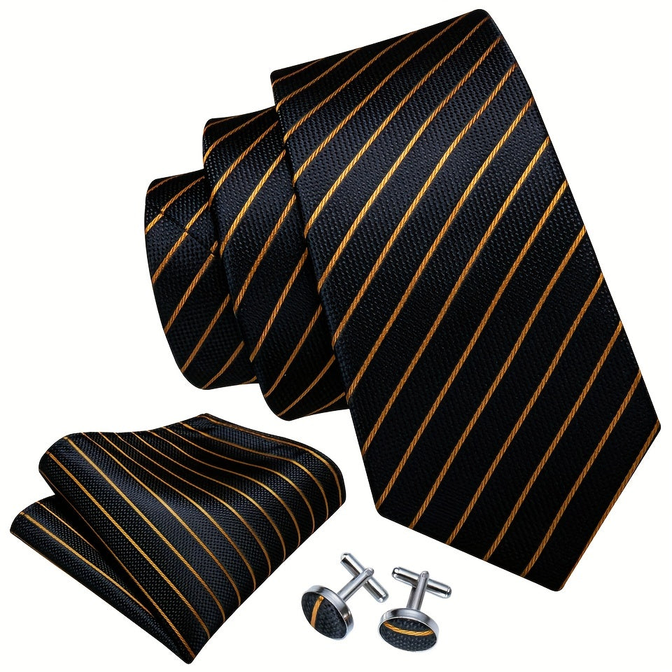 Barry.Wang Men's Business Classic Trendy Ties Hanky Cufflinks Set - Striped Neckties for Formal or Casual Wear, Perfect Gift Option