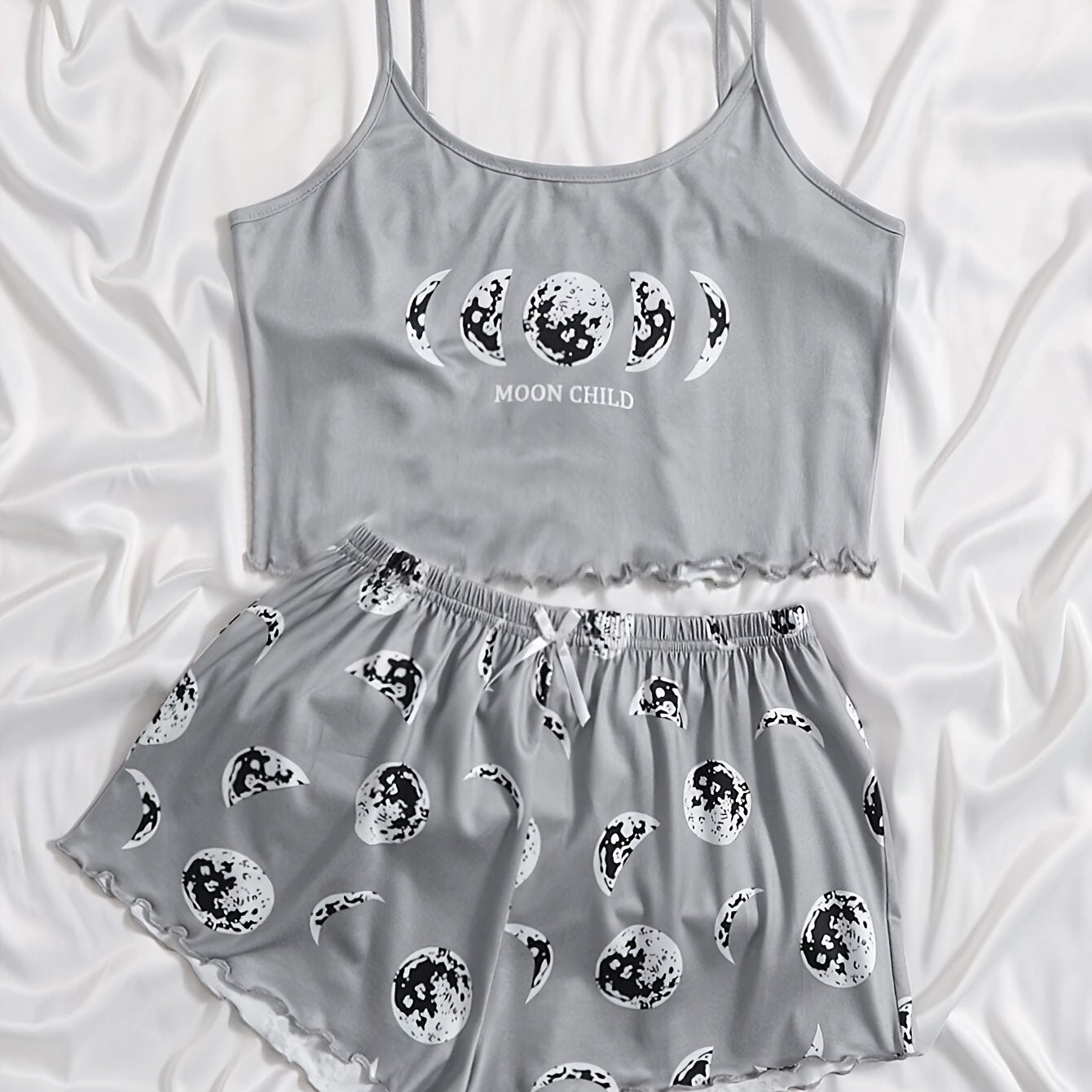 Women's Pajama Set with Moon and Galaxy Print Polyester Micro Elasticity Lettuce Trim Spaghetti Strap All Season