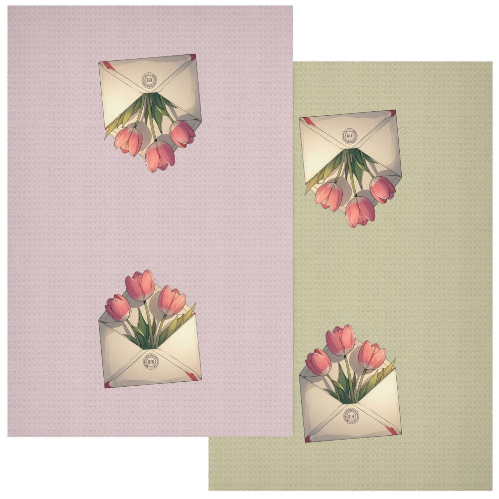 Set of 2 Cartoon Tulip Print Towels, Soft Quick-Drying Kitchen Bathroom Decor
