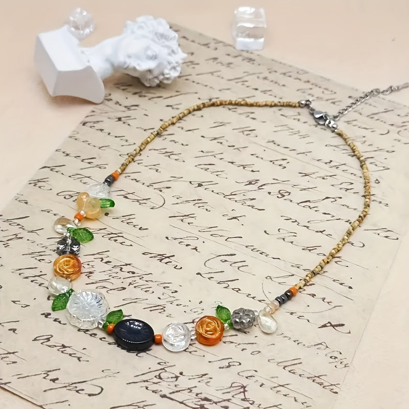 Boho Chic Floral Czech Bead Collar Necklace for Women and Gifting