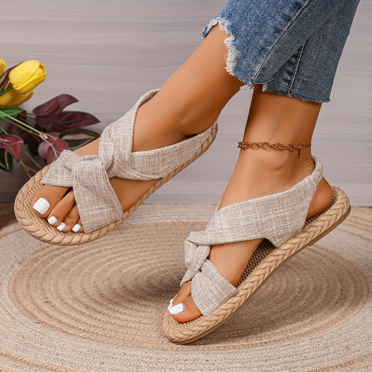 Women's Flat Strappy Sandals Breathable Fabric Cushioned Insole