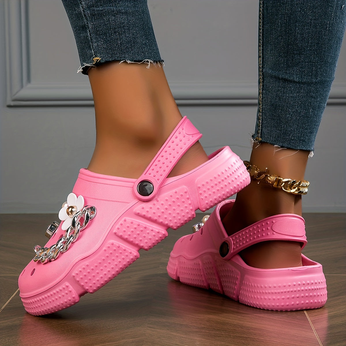 Women's Floral Rhinestone Decor Clogs Slip-On Casual Garden Slides