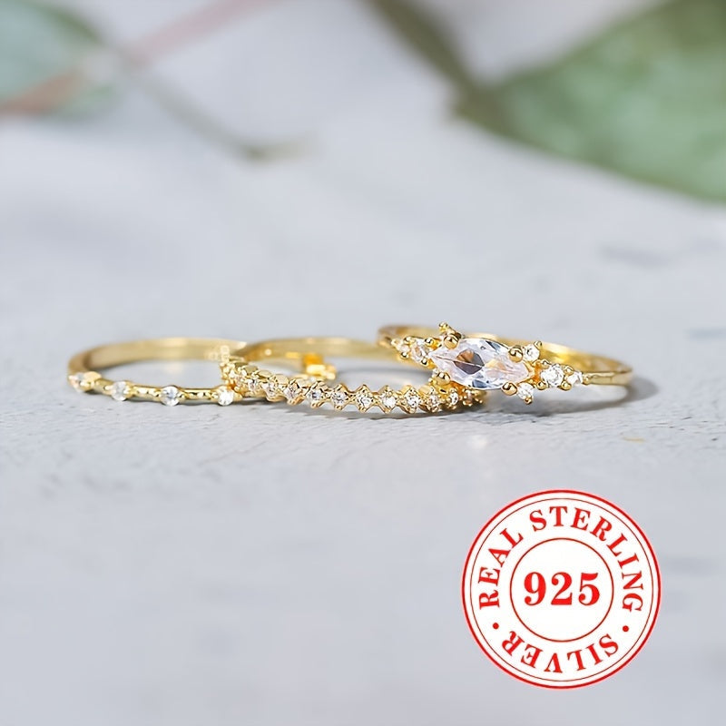 Sterling Silver Stackable Rings Set of 3 with Cubic Zirconia for Women