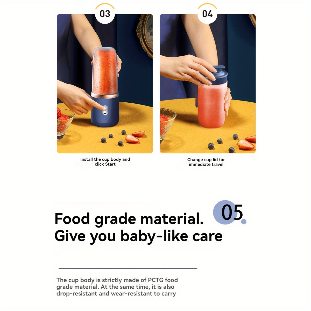 Portable Electric Juicer Blender Cup 400ml with 6-Blade Dual Cup USB-C Charging