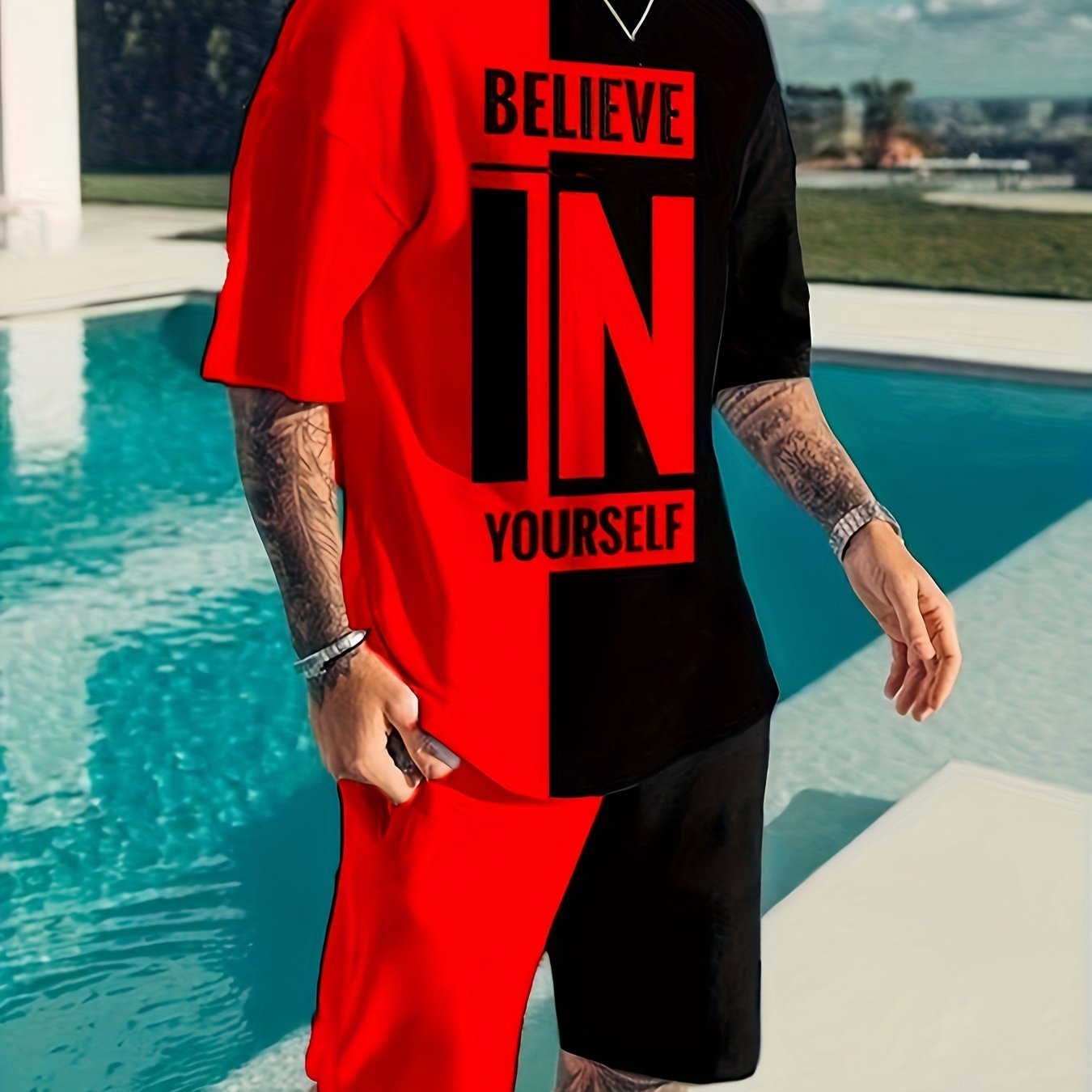 Plus Size Men's Casual Polyester T-Shirt and Shorts Set with Print Pattern