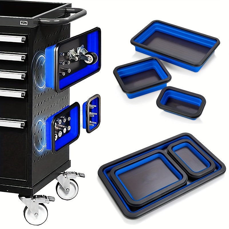 3Pc Magnetic Collapsible Parts Tray Set Silicone Tool Store Organizer