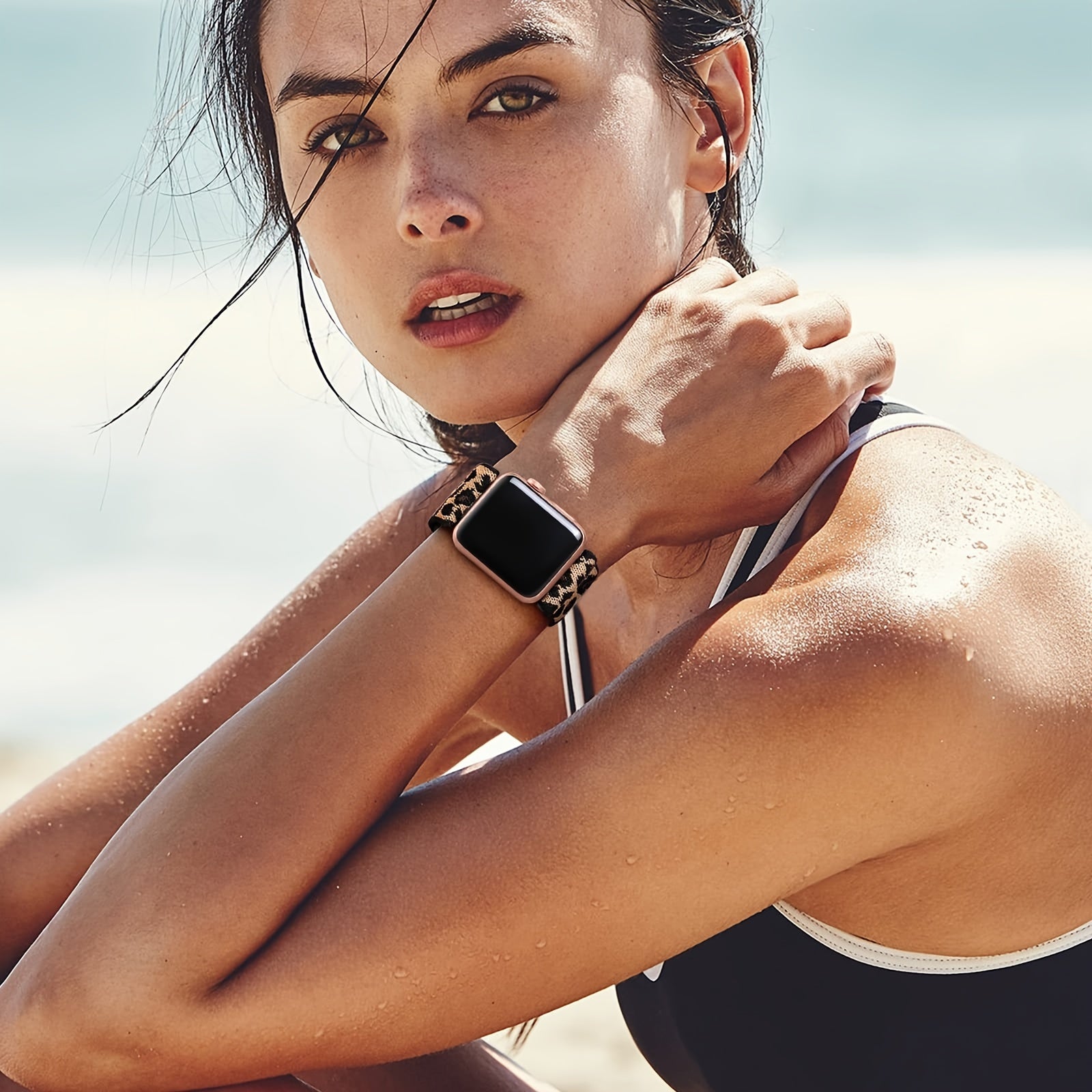 Nylon Braided Leopard Print Watch Band for Apple Watch Adjustable Size No Battery