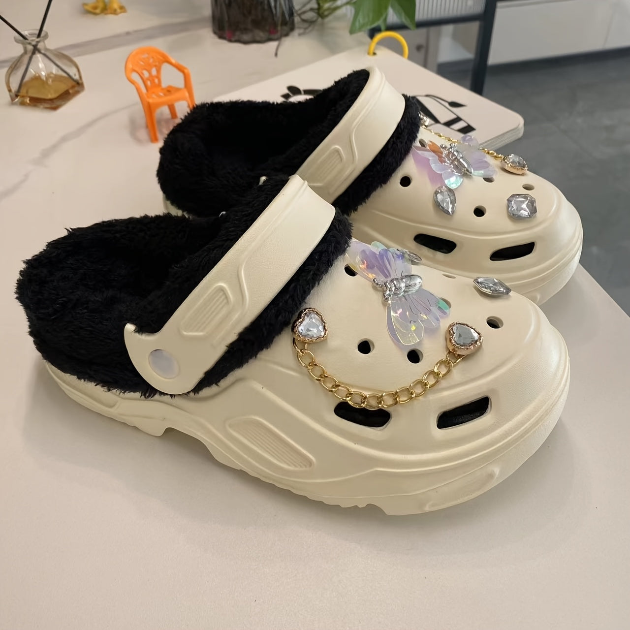 Women's Warm Plush Lined Shoes with Butterfly Heels and Bear Accessories