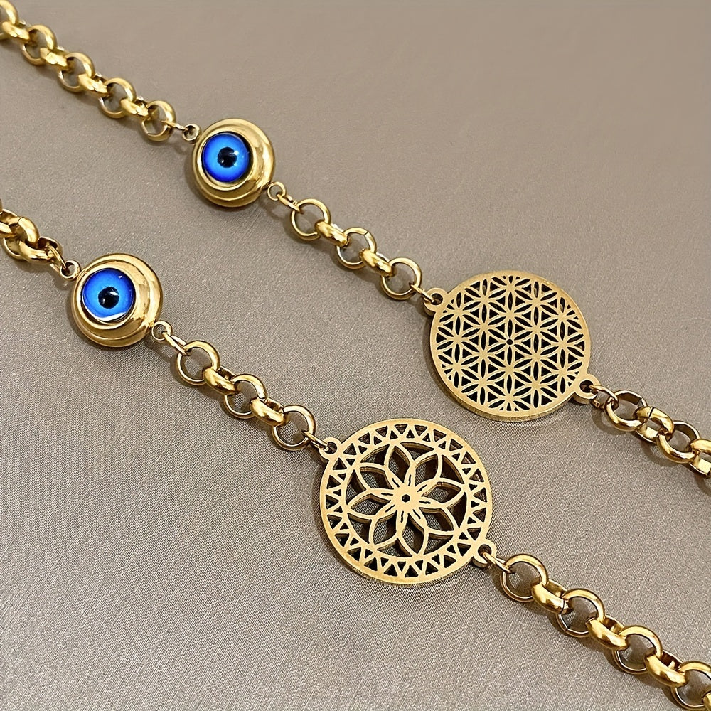 Golden Stainless Steel Bracelet with Evil Eye and Flower of Life Design for Women