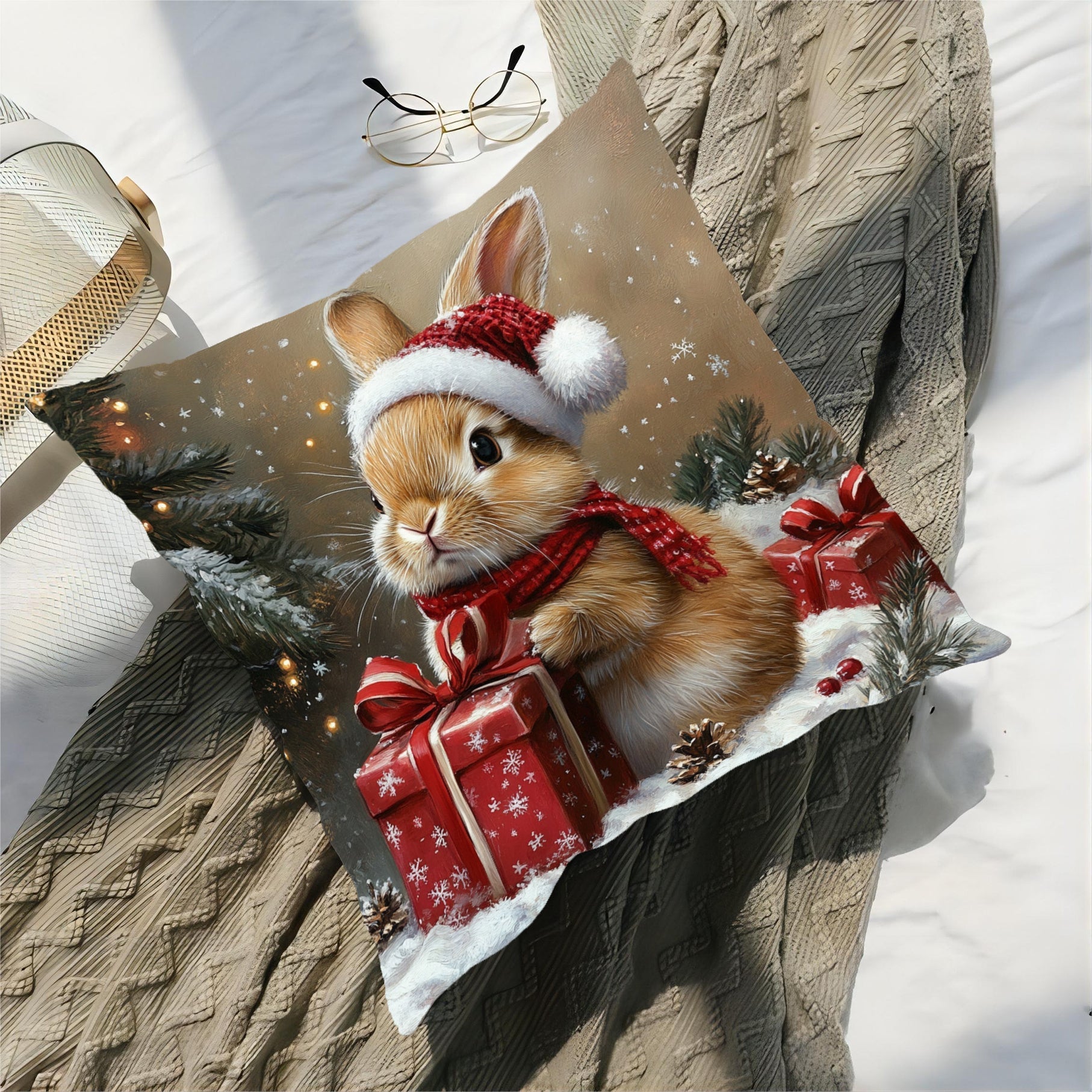 Short Plush Decorative Pillow 45.72cm Brown Rabbit Christmas Sofa Bedroom Decor