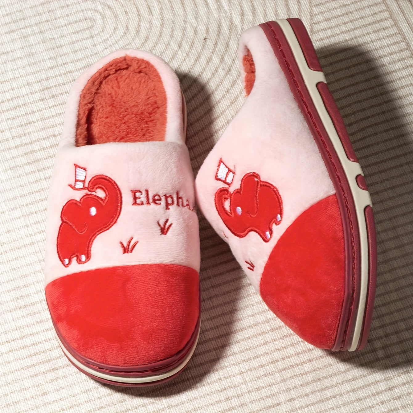 Women's Plush Slip-On Slippers with Elephant Cartoon Soft Fabric Grey Pink