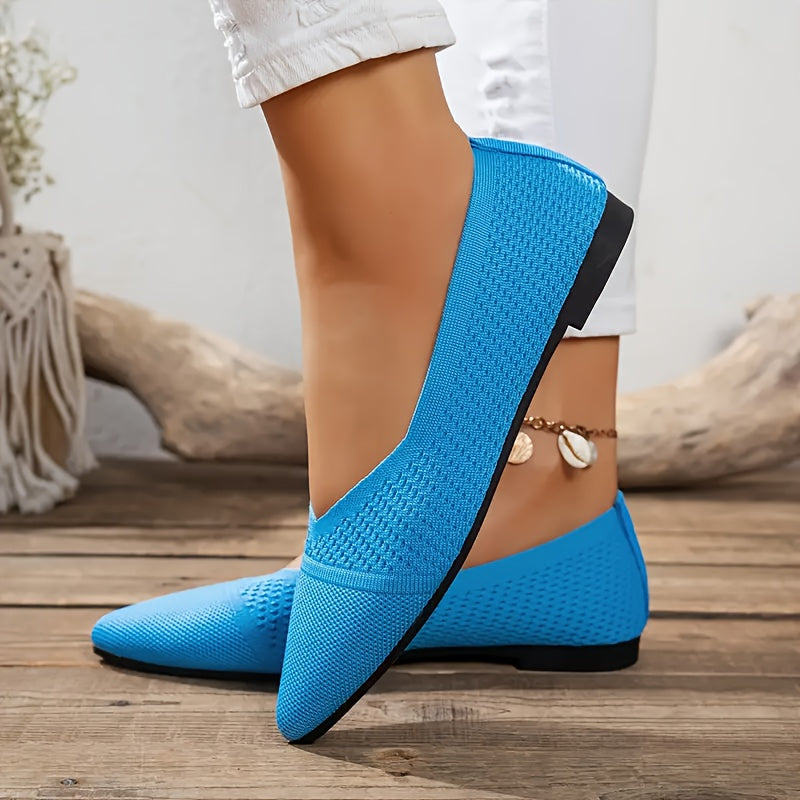 Women’s Slip-On Ballet Flats Breathable Knit Non-Slip Rubber Shoes Blue