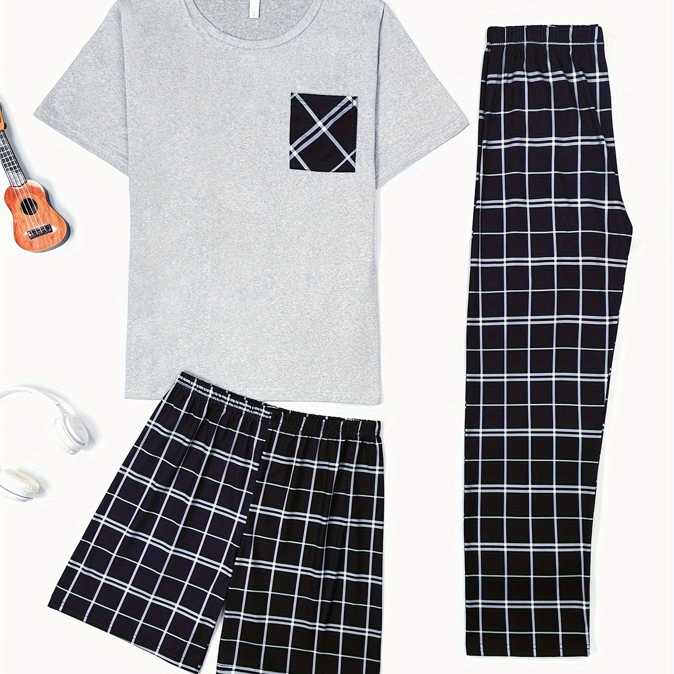 Men's Plaid Sleepwear Set with Crew Neck T-Shirt Long Pants and Shorts Polyester All Season