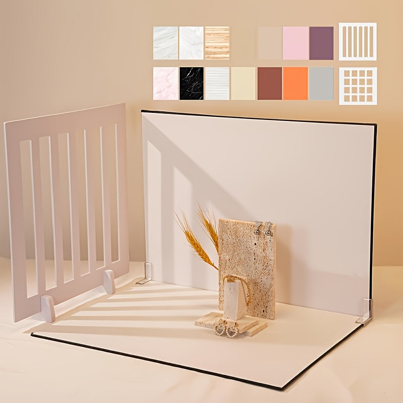 Photography Backdrop Kit with 16 Patterns and 10 Cardboard Photo Boards for Food Jewelry Mini Items