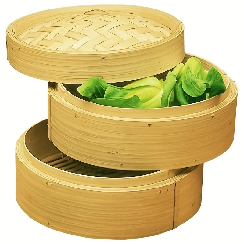 Three-Piece Bamboo Steamer Set 20cm for Dumplings Fish Meat Bread Kitchen Steamer