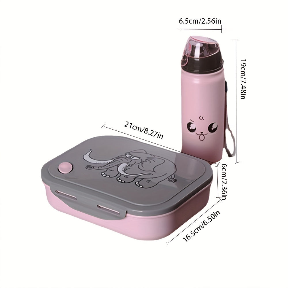 Cartoon Elephant Lunch Box Set with Water Bottle and Spoon Plastic Rectangle Shape