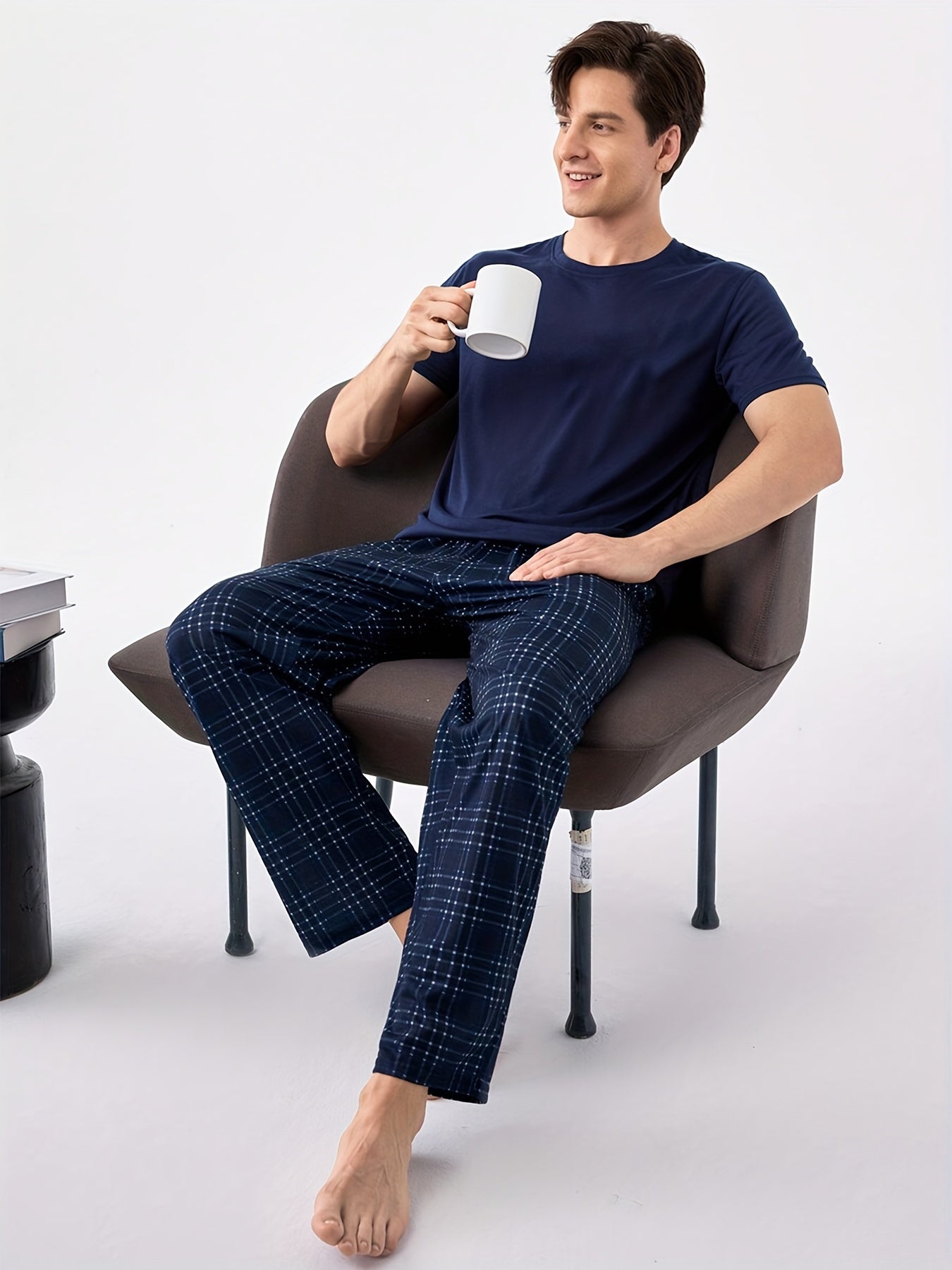 Men's Blue Pajama Set with Short Sleeve Crew Neck Top and Plaid Trousers