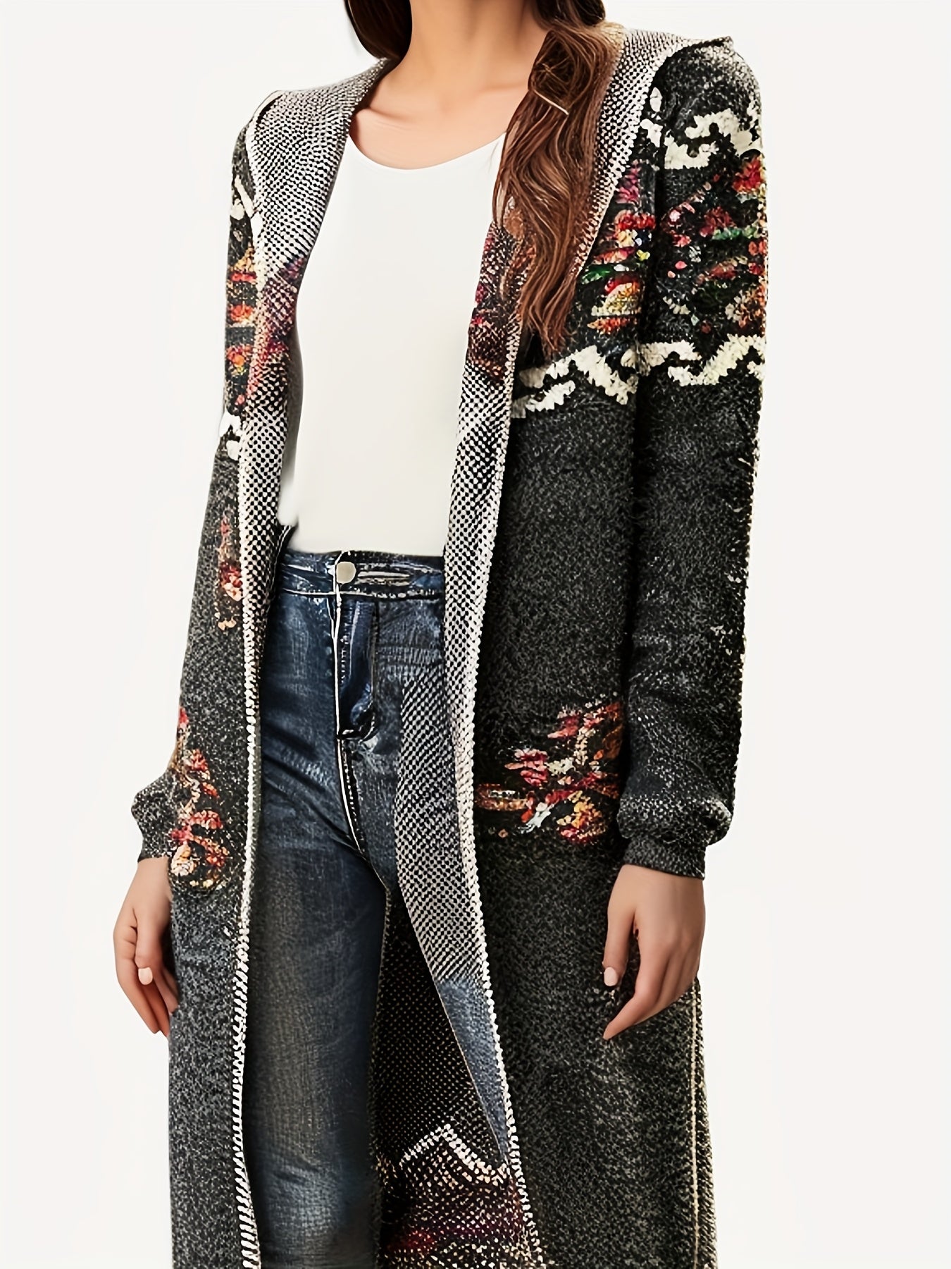 Plus Size Women's Open Front Cardigan Long Sleeve Geometric Pattern Polyester Outerwear