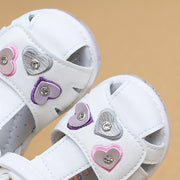 Girls Summer Sandals Heart Pattern White Low-Top Breathable Hook and Loop Closure