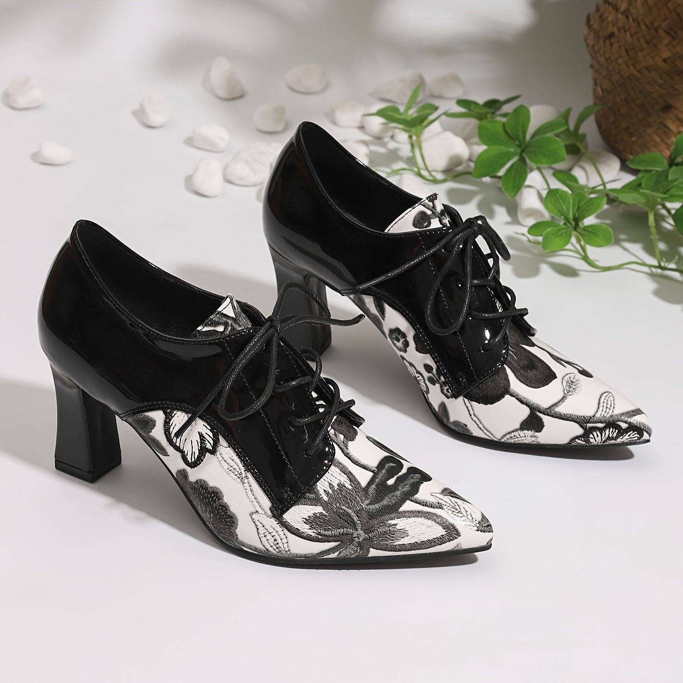 Women's High Heel Pointed Toe Lace-Up Mary Jane Shoes with Floral Pattern