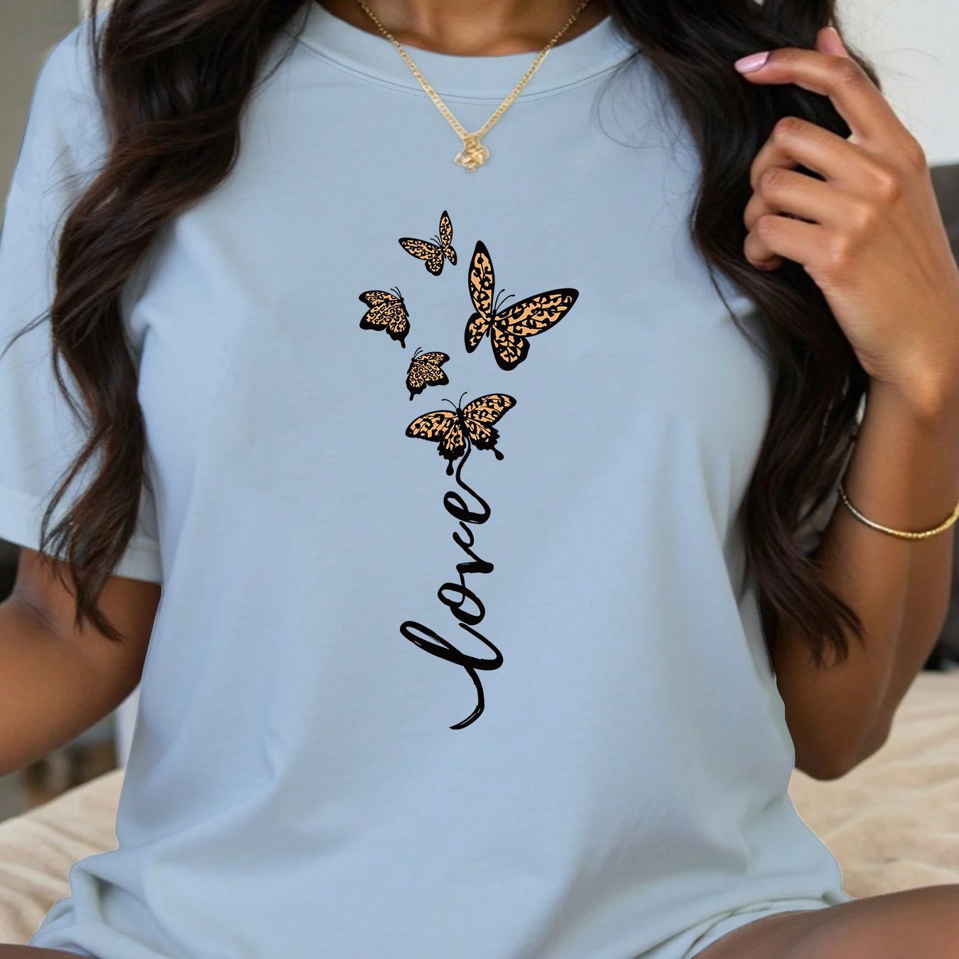 Plus Size Women's Cotton Short Sleeve T-Shirt Butterfly Script Print White