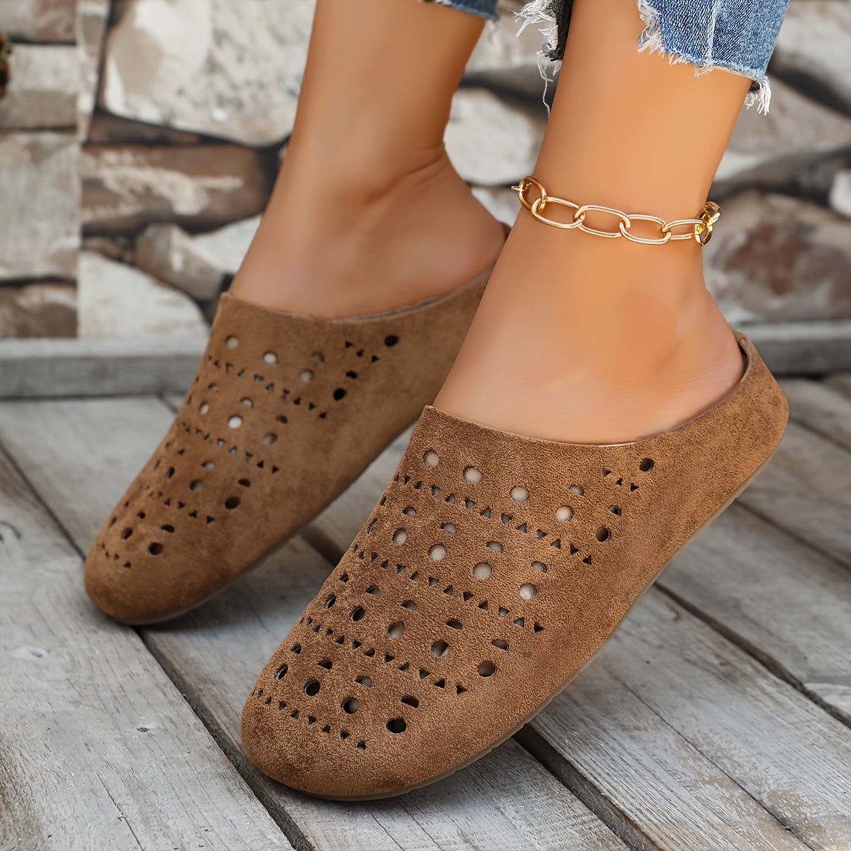 Women's Breathable Geometric Cut-Out Flat Mules Open-Toe Summer Sandals