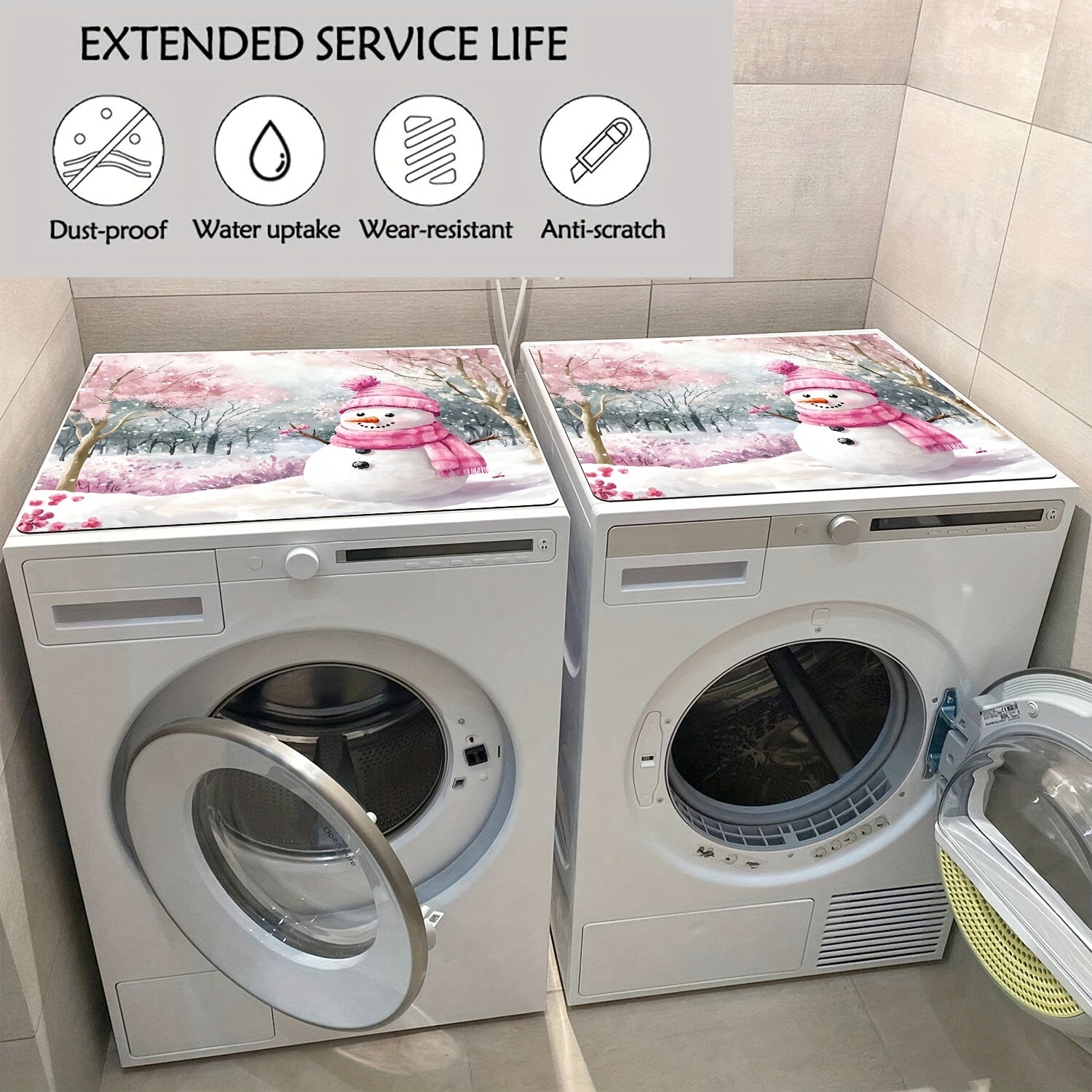 Rangli qor odamning yuvish mashinasi chang yopqichi, gilos gullari bilan qish manzarasi