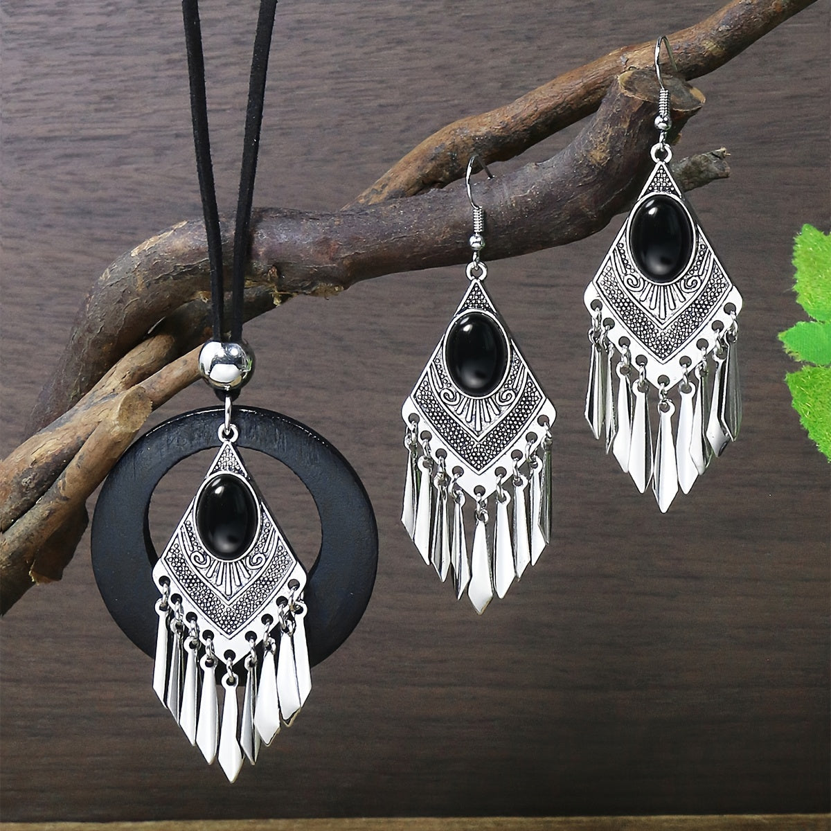 Set of 3 Men's Jewelry Bohemian Rhombus Earrings Necklace Sweater Chain