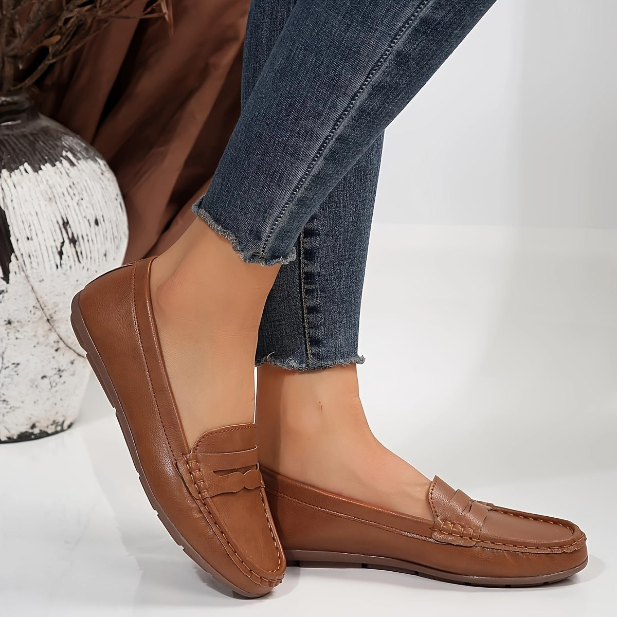 Women’s Faux Leather Slip-On Loafers with Soft Sole and Rubber Outsole