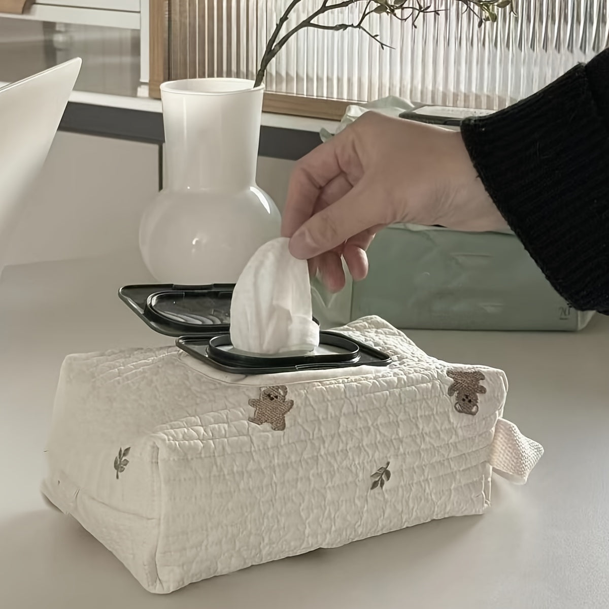 Beige Embroidered Wet Wipes Dispenser Hangable for Diapers Strollers Travel