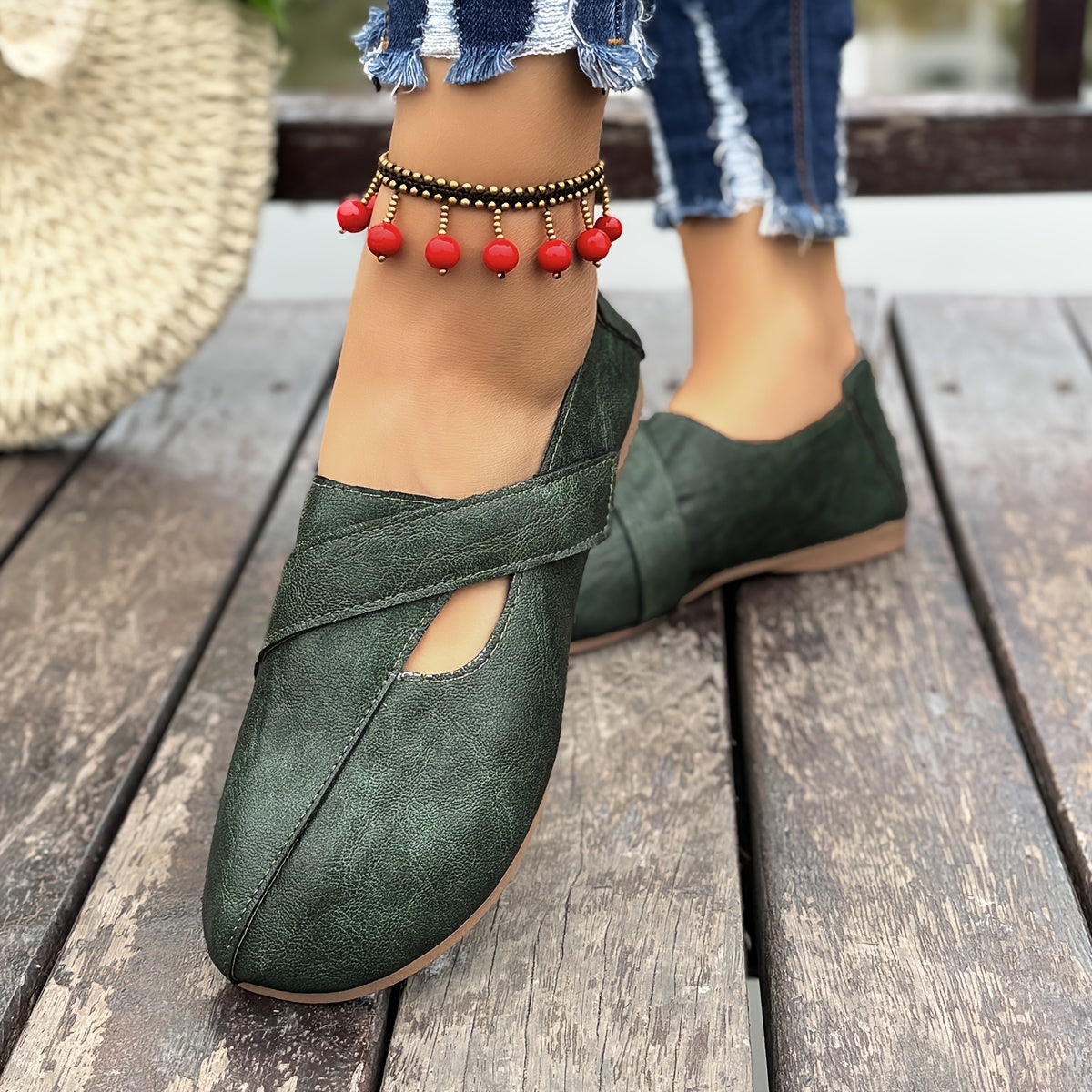 Women's Retro-Style Comfort Flats with Hook-and-Loop Fastener in Green