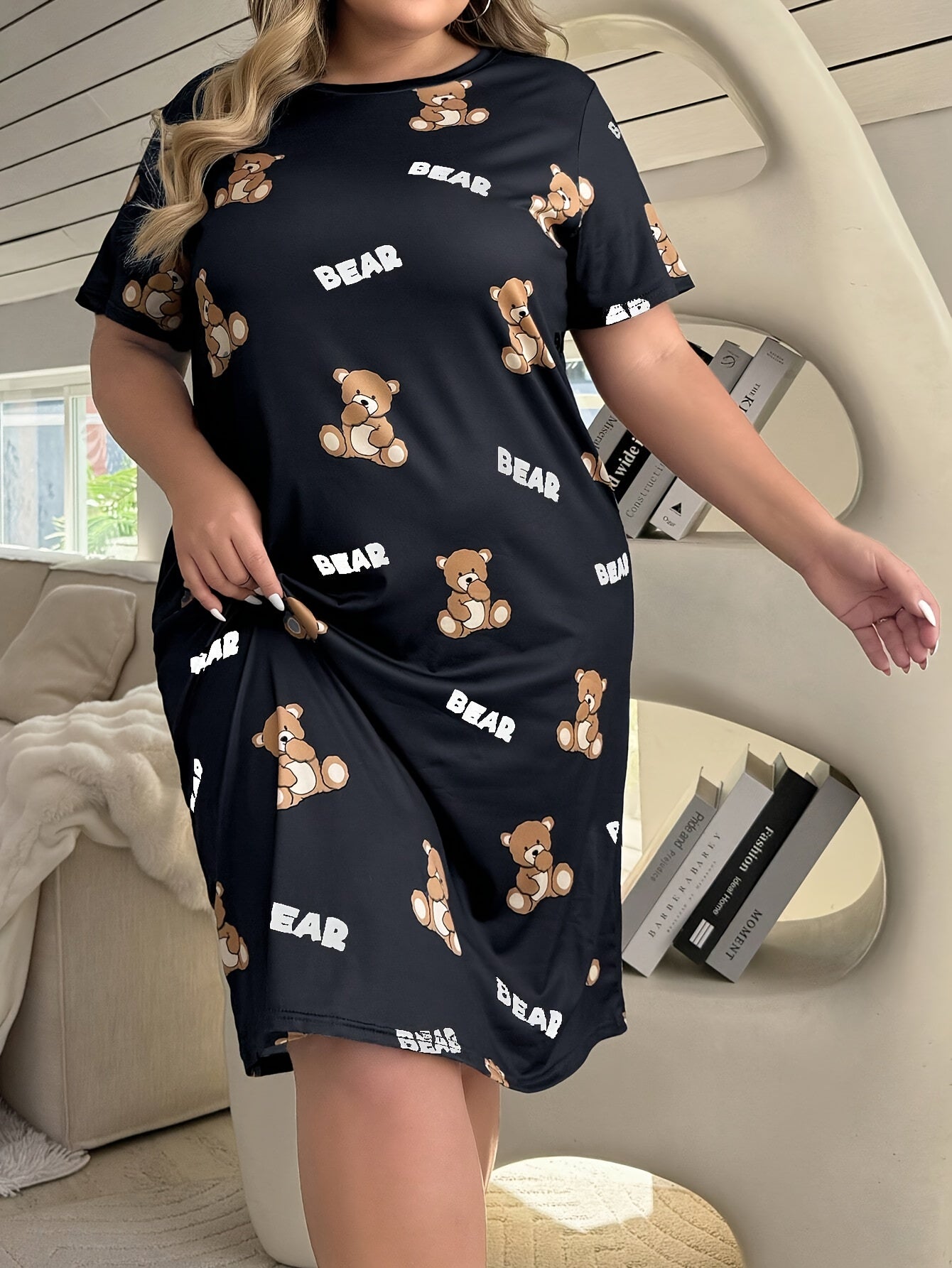Plus Size Women's Cotton Cartoon Bear Sleep Dress Short Sleeve Nightwear