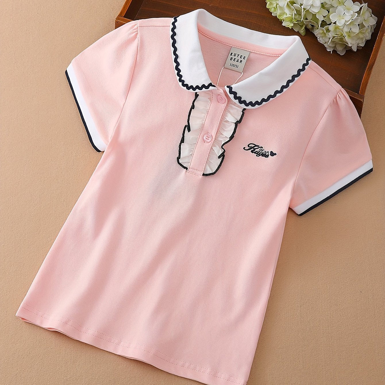 Girls Short Sleeve Cotton Blend Knit Top with Lace Embroidery for Summer Casual