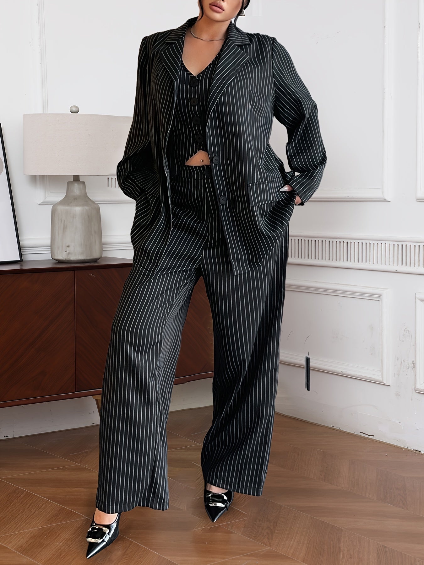 Women's Striped Woven Polyester Suit Set with Long Sleeve Jacket V-Neck Vest and Trousers
