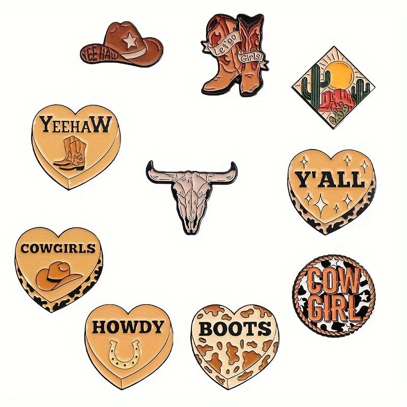 10 ta Gʻarbiy Kovboy emal pinlar to'plami, Qo'ylar bilan Oyoq kiyimlari va Yeehaw ramzlari bilan, Sumkalar, shapka va shartlar uchun