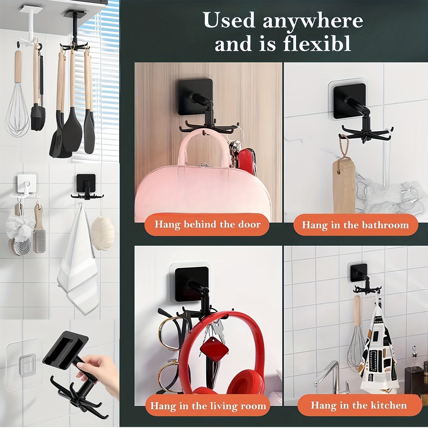 Kitchen Cutlery Rack with 6 Claw Hooks, Self-Adhesive Wall Hanger, Rotating