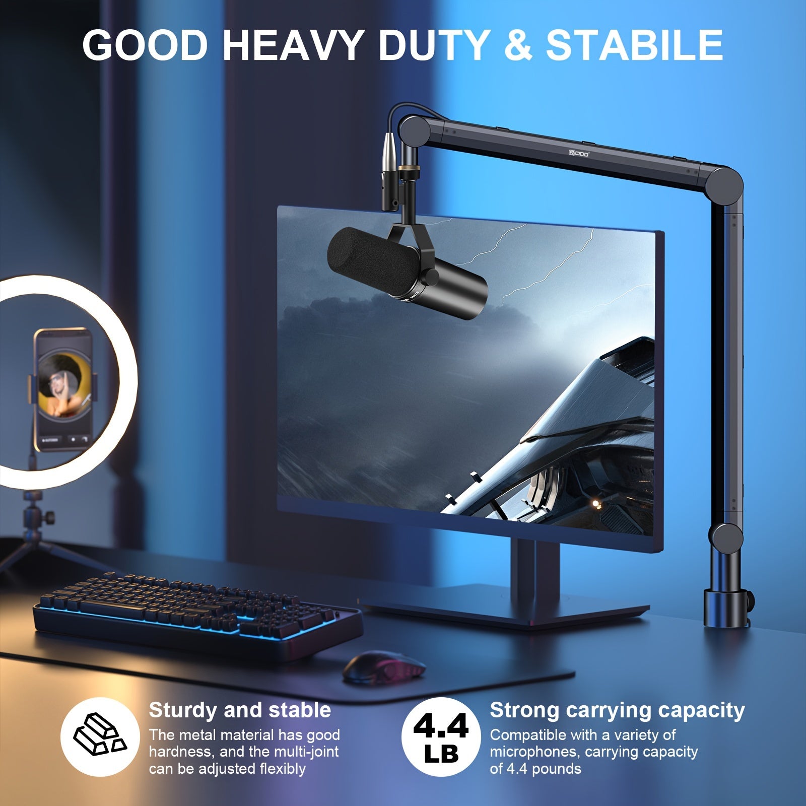 Microphone Boom Stand Aluminum Alloy Black for Podcasts Recording and Gaming