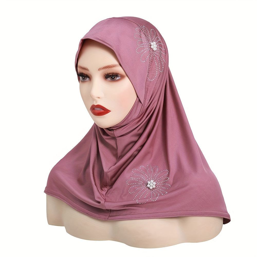 Women's Solid Color Elastic Polyester Hijab with Rhinestone and Pearl Accents