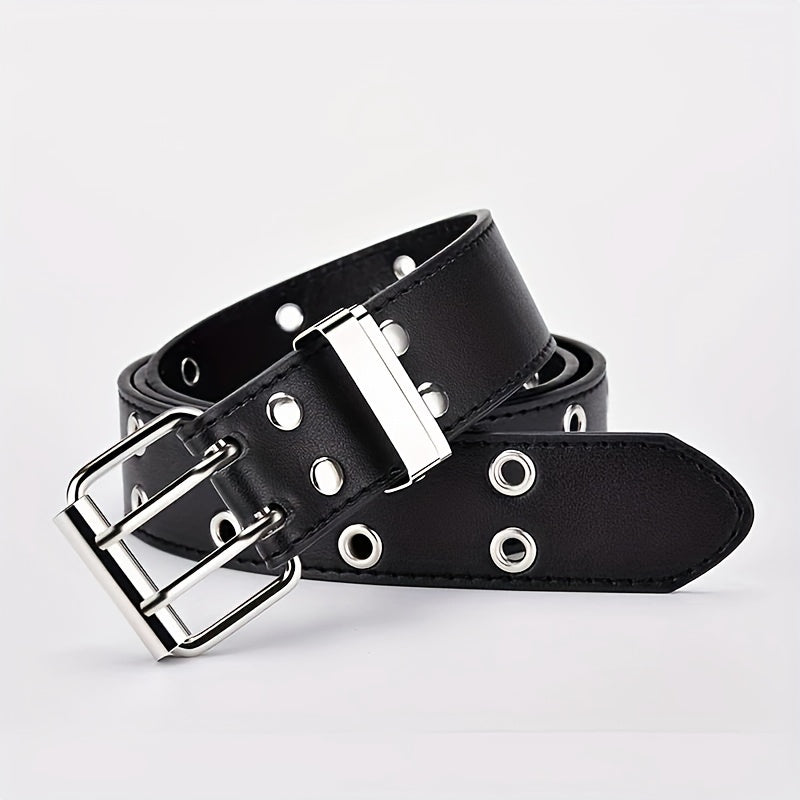 Black Faux Leather Belt with Double Buckle and Metal Chain for Women