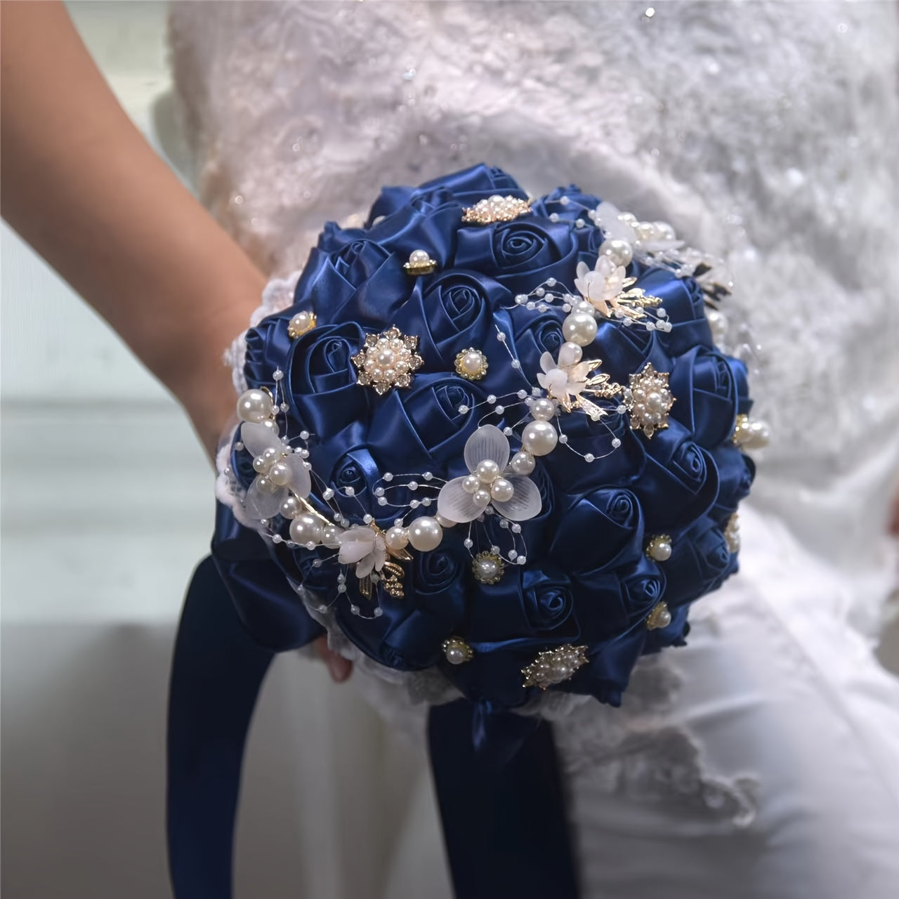 Satin Rose Wedding Bouquet Handcrafted Bridal Wrist Corsage Blue White for Bridesmaids and Events