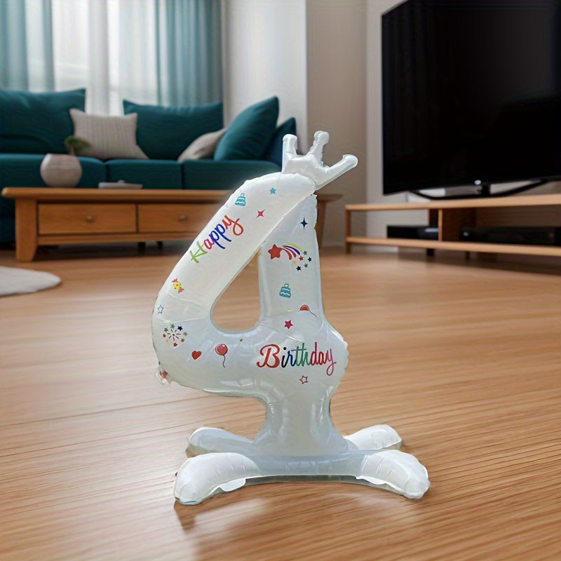 White 32-Inch Crown Number Balloon with Colorful Designs for Birthday Party