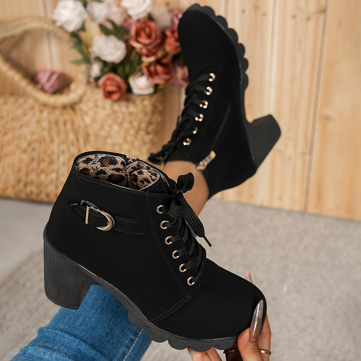 Women's Pointed Toe Mary Jane Boots Thick Platform High Heel Lace-Up Zipper Sneakers